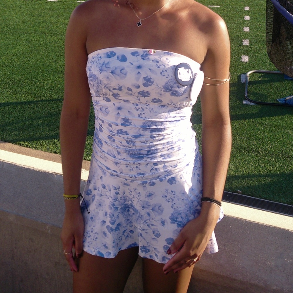 True & Co. Strapless Floral Romper in White and Light Blue